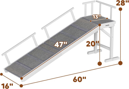 Onelike Wooden Dog Ramp for Bed with Removable Side Rail and Non-Slip Carpet, Stable Pet Ramp Stair for Couch Sofa for Small & Large & Senior Dogs, 60" Long Ramp White
