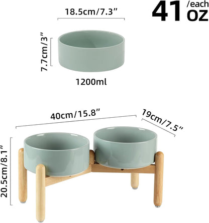 Ceramic 7.3inch Raised Double Bowls Set with Wooden Stand, Food & Water Bowls for Medium Breed Dogs, Weighted Dog Dishes, Pet Feeder(Light Green)