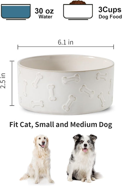 UBEE Ceramic Dog Food Bowl Set of 2, 6.1 inch Dog Bowls Dish with Bone Pattern, Pet Food Water Dish Feeding for Small and Medium Dogs and Large Cat, White