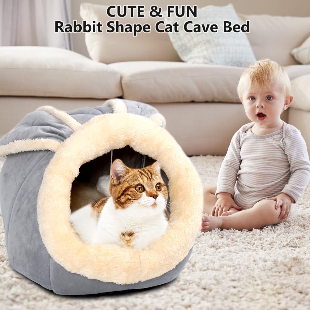 Cat Beds for Indoor Cats - Rabbit-Shaped Cat Cave Bed with Hanging Toy,Super Soft Calming Pet Bed for Kitten&Puppy,Small Dog,Warm Plush&Machine Washable&Removable Cotton Pad,Cat Hideaway(Grey L)