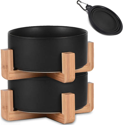 Petygooing Ceramic Black Cat Dog Bowl Set with Stand,Small Dog Bowls, Pet Food and Water Dish, Anti Slip Set of 2 Cat Bowl-Pet Food Dishes- Pet Bowls Small Size Pet (13.5OZ/5.1 in)