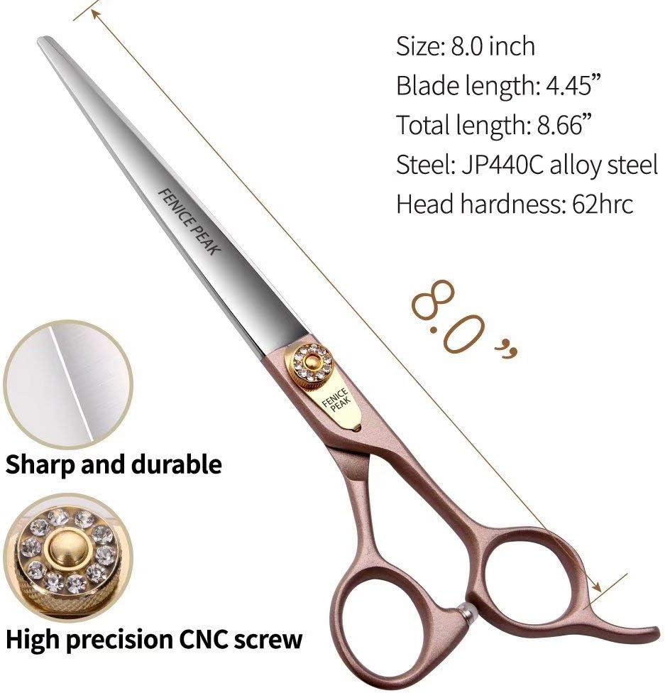 Fenice Peak 8'' Dog Straight Scissors for Grooming 440C Stainless Steel Rose Gold Professional Pet Trimming Scissors Sharp Blades Cutting for Dogs and Cats Shears