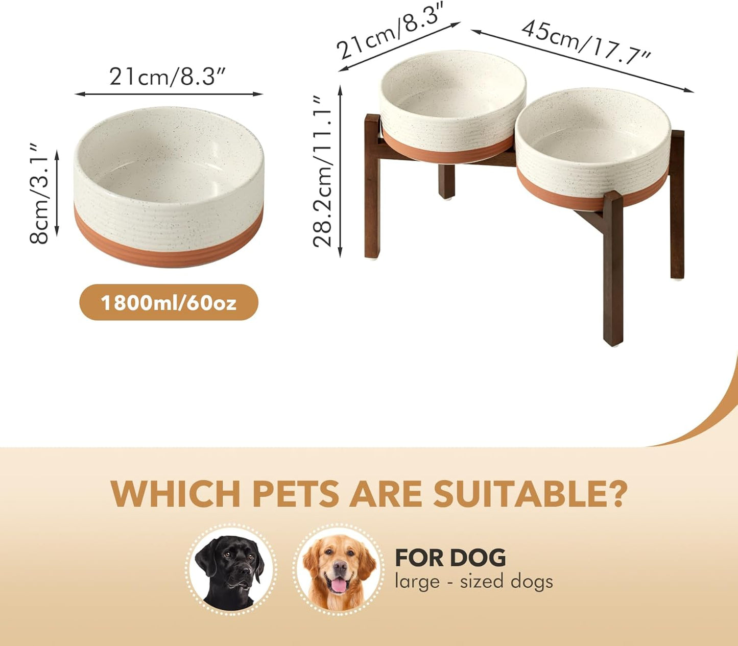 Ceramic 8.2inch Raised Double Dog Bowls Set with Acacia Wood Stand, Food & Water Bowls for Large Breed Dogs, Weighted Pet Dishes(60oz, Vanilla White)