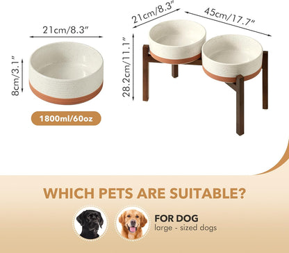 Ceramic 8.2inch Raised Double Dog Bowls Set with Acacia Wood Stand, Food & Water Bowls for Large Breed Dogs, Weighted Pet Dishes(60oz, Vanilla White)