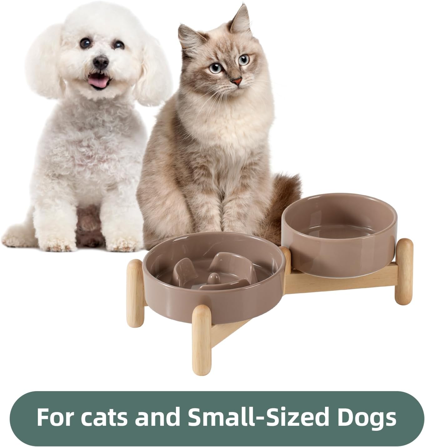 Ceramic Raised Slow Feeder Dog Bowl Set, Elevated 5.1inch Bowl and 6.1inch Puzzle Slow Pet Food Dish with Wooden Stand for Small Dog and Cat, Anti-Gulping (2X Brown Coffee+ Stand)