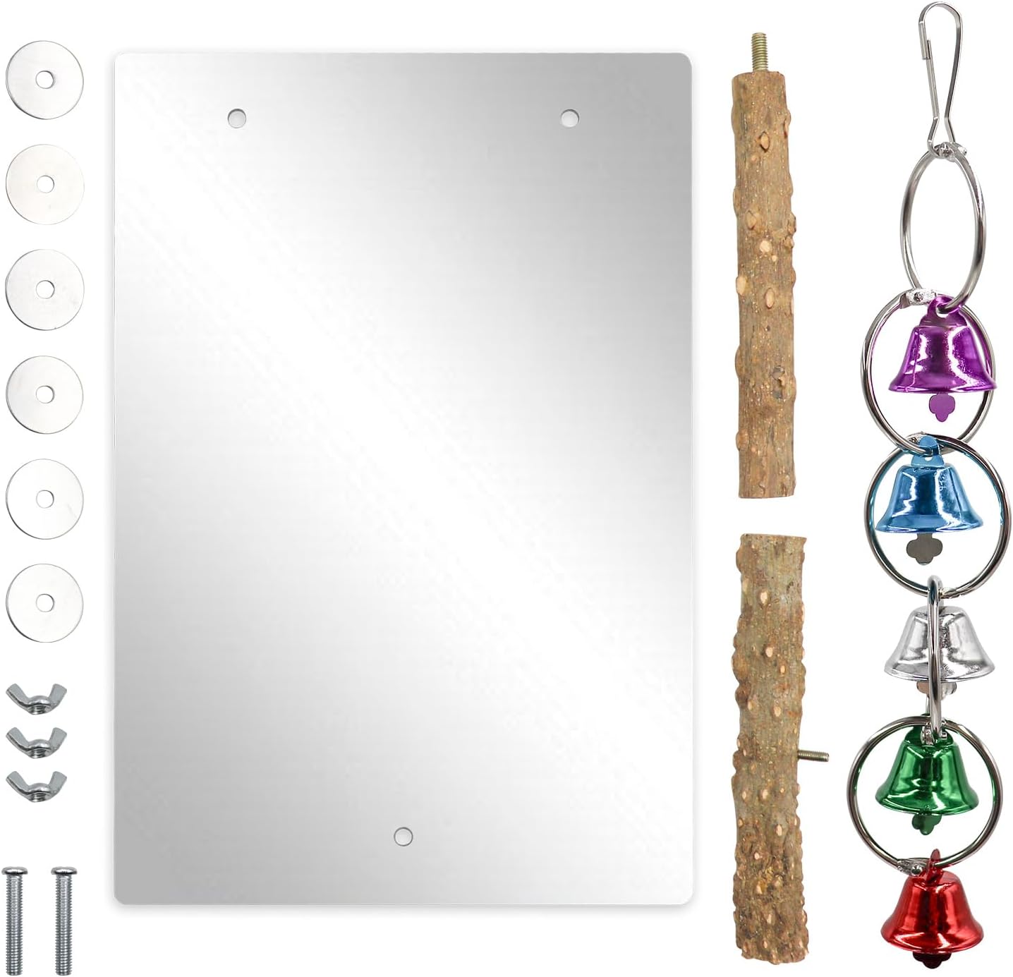 Oooct Large Bird Mirror Toy with Perch Stand, Parrot Parakeet Mirror with Bird Swing Bell Toys, Bird Cage Accessories, Suitable for Parakeet Cockatiel Conure Lovebirds - 11.8 × 7.9 Inch