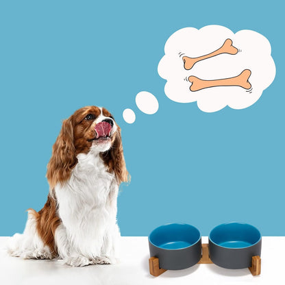 SPUNKYJUNKY Ceramic Dog and Cat Bowl Set with Wooden Stand, Modern Cute Weighted Food Water Set for Small Size Dogs (13.5OZ) & Medium Sized Dogs (28.7OZ) & Cats (3.6 Cups, 2 × Blue-Grey)