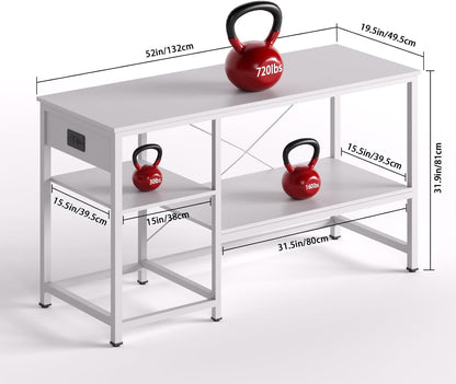 50-75 Gallon Fish Tank Stand with Power Outlet & LED Light, Metal Aquarium Stand with 3 Tier Adjustable Storage Shelves, Tank Stand for Reptile Tank, Turtle Tank, 52" L*19.5" W, White