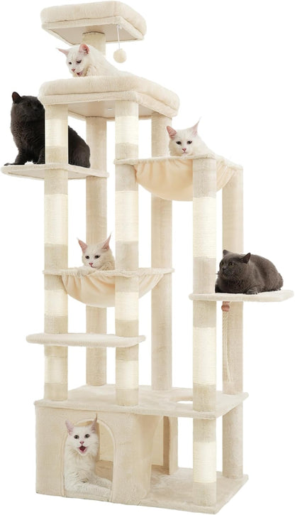 Heybly Heavy Duty Cat Tree, 71-Inch Tall Tower for Large Maine Coon with Extra-Large Baseboard, Cat Condo Furniture with Multi-Level Platforms, 2 Hammocks and 12 Scratching Posts, Beige HCT037M
