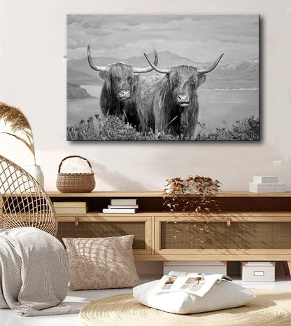 Wall Art for Living Room Highland Cow Wildlife Portrait Canvas Picture Black and White Animal Print Painting Scottish Farmhouse Artwork for Bathroom Bedroom Office Decor 24"x36"