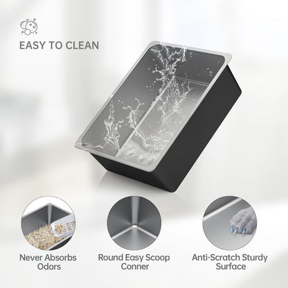 Ohtomber Stainless Steel Litter Box - Large Metal Cat Litter Box Pan High Sided, Never Absorbs Smell, Easy to Clean Non Stick Litterbox Tray Toilet Pet Supplies for Indoor Big and Small Cats, Kitten