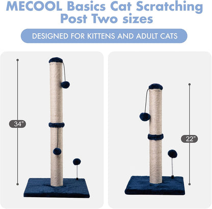 MECOOL 34“ Tall Cat Scratching Post Premium Basics Kitten Scratcher Sisal Scratch Posts Trees with Hanging Ball for Indoor Cats, Navy