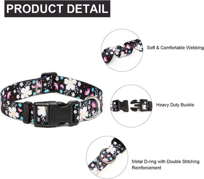 Mercano Adjustable Dog Collar - Special Design Patterns, Soft Nylon Comfortable Durable Pet Collar for Small Medium Large Dogs (S, Floral White)