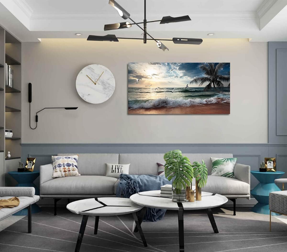 Yxbhhym Large Canvas Wall Art Beach Ocean Prints Art Coast Sunset Sea Paintings Poster Scenery Picture Palm Artwork for Wall Art Living Room Bedroom Office Decorations Framed-30x60inches