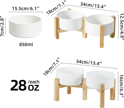 Ceramic Raised Double Bowls Set with Stand, 2 Heights Elevated, Food & Water Bowls for Small Breed Dogs, Weighted Dog Dishes, Pet Bowl(6.1'',28.7oz, White)