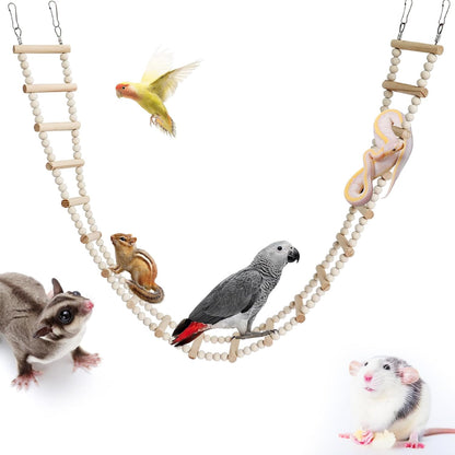 Long Bird Ladder with Wooden Rungs and Beads, Parakeet Climbing Swing Toys, Bird Cage Accessories, Wooden Climbing Bridge Toys for Parrots, Rat, Sugar Gliders, Squirrels, Snakes
