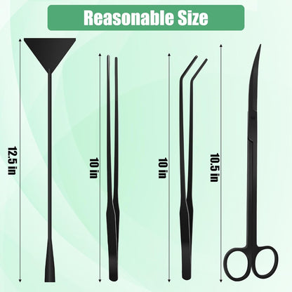 Aquarium Aquascape Tools Kit, 4 in 1 Anti-Rust Aquatic Plant Aquascaping Tool Stainless Steel Black Tweezers Scissors Spatula for Aquarium Tank Clean Fish Tank Aquascape Tools Sets (Black)
