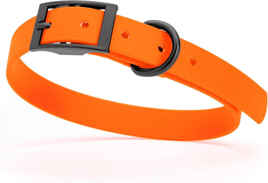 Dogline Biothane Waterproof Dog Collar Strong Coated Nylon Webbing with Black Hardware Odor- Proof for Easy Care Easy to Clean High Performance Fits Small Medium or Large Dogs, Hunter Orange