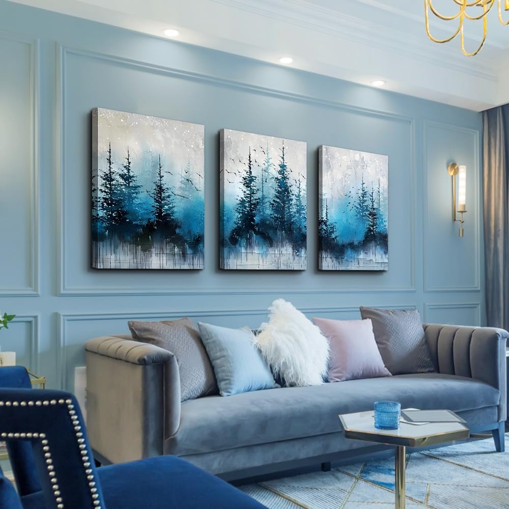 TTHYUEWS Large Canvas Wall Decor for Living Room - Boho Art for Bedroom Forest Landscape Abstract Pictures - Tree Blue Painting Artwork Office Aesthetic Decoration - Hang Easy 3 Piece