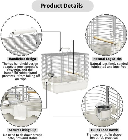 Bird Carrier Travel Cage, Durable Portable Stainless Steel Birdcage with Bird Perch & Feeding Bowl for Parrots Canaries Budgies Lovebirds Conures Cockatiels (Large White)