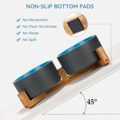 SPUNKYJUNKY Ceramic Dog and Cat Bowl Set with Wooden Stand, Modern Cute Weighted Food Water Set for Small Size Dogs (13.5OZ) & Medium Sized Dogs (28.7OZ) & Cats (3.6 Cups, 2 × Blue-Grey)