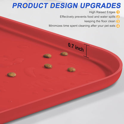 Silicone Pet Feeding Mat with Raised Edge for Food and Water, Dog Bowl Mats, Cat Bowls Placemat with High Lip for Floor Waterproof, Rubber Tray for Cats and Dogs 19 x 12 x0.7 Red