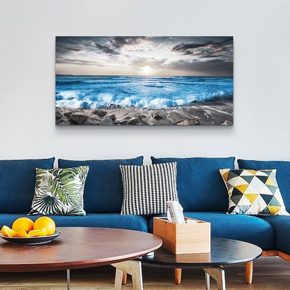Lapremoly Large Wall Decoration For Living Room Framed Canvas Wall Art For Bedroom Office Wall Decor Black And White Beach Wall Painting Blue Sea Wave Pictures Artwork Modern Hotel Room Home Decor