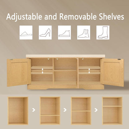 DINZI LVJ Shoe Bench, Entryway Storage Bench with Doors, Cushion, 2-Tier Shoe Rack with 6-Cubby, 39.4”L x 13.8”W Shoe Organizer Cabinet, Adjustable Shelf, Living Room, Bedroom, Natural