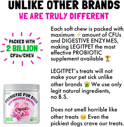 Probiotics for Dogs Natural Digestive Enzymes Prebiotics for Allergy Itch Relief Gut Flora Coprophagia Bowel Support Treatment Anti Diarrhea for Dogs Pet Health Immune System Support 30 Soft Chews