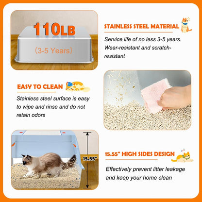 Vivifying Stainless Steel Litter Box with Lid, XL Side Entry Extra Large Litter Box for Big Cats & Kitty, Removable Enclosed Metal Cat Pan with High Sided Enclosure, Scoop, Mat, Footboard (Blue)