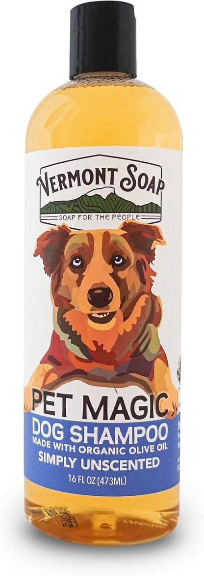VERMONT SOAP Organics Pet Shampoo - Infused with Organic & Natural Olive Oil, Coconut & Aloe Vera Dog Shampoo for Sensitive Skin - USDA Certified Grooming Pet Shampoo - Unscented (16oz)