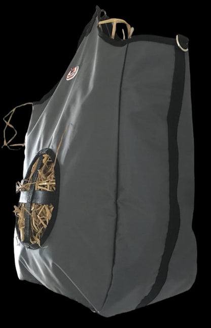 Majestic Ally Nylon Hay Feeder Tote Bag for Horse, Goat, Sheep - Double Sides Open Feed Hole with Faux Leather Ventilated Bottom- Premium Quality -Simulates Grazing - Reduces Waste (Dark Gray)