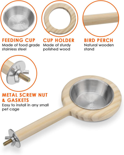 KATUMO Bird Perch Bird Feeding Cup Parrot Wood Perch Stand Toy Bird Cage Accessory for Parakeet Lovebird Conure Budgie Canary Finch Small Parrots