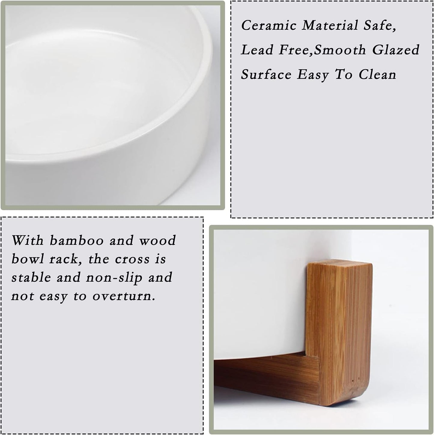 Petygooing Dog Bowls,White Ceramic Cat and Dog Bowl Set with Wood Stand for Food and Water, Non-Slip Cute Modern Pet Dish Set for Cats & Medium Dogs (28OZ)