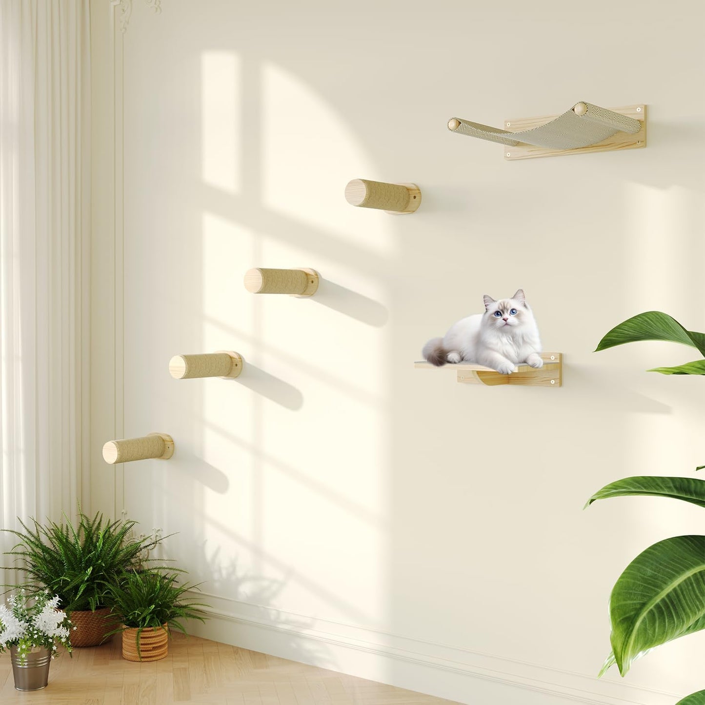 MeowHomm Cat Wall Shelves, Wooden Cat Wall Furniture Includes 4 Scratching Post Steps, Jumping Platform, Hammock for Kittens