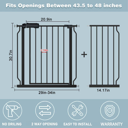 Walk Through Black Baby Gate 43.5-48 Inch Wide, Pressure Mounted Safety With Door No Drill, Tension Metal for Dog Cat and Toddler