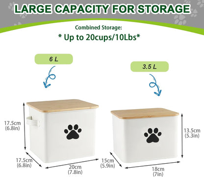 Set of 2 Airtight Dog Treat Container -10lb Metal Dog Food Canister -Dog Treat Jars for Kitchen Counter with Bamboo Lids-Pet Puppy Food Bin with Food Scoop- Doggie Cookie Jar-White