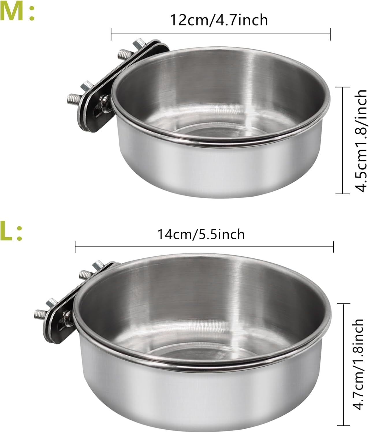 Medium+Large Bird Feeding Dish Cups,Parrot Food Bowl Cage with Clamp Holder Stainless Steel,Birdcage Coop Water Feeder for Cockatiel Parakeet Macaw Finches Lovebirds Small Animals (1 Pack, M+L)