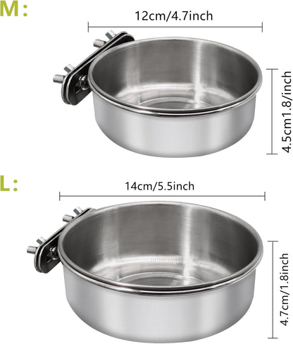 Medium+Large Bird Feeding Dish Cups,Parrot Food Bowl Cage with Clamp Holder Stainless Steel,Birdcage Coop Water Feeder for Cockatiel Parakeet Macaw Finches Lovebirds Small Animals (1 Pack, M+L)