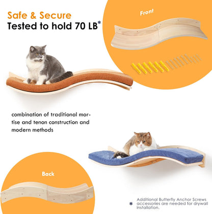 Cat Wall Shelves for Large Cats - Wall Mounted Furniture with Comfortable Cushion, Perfect Perch and Bed for Multi-Cat Households - 35 inch Wavy Shelf for Climbing, Playing, Resting, and Lounging