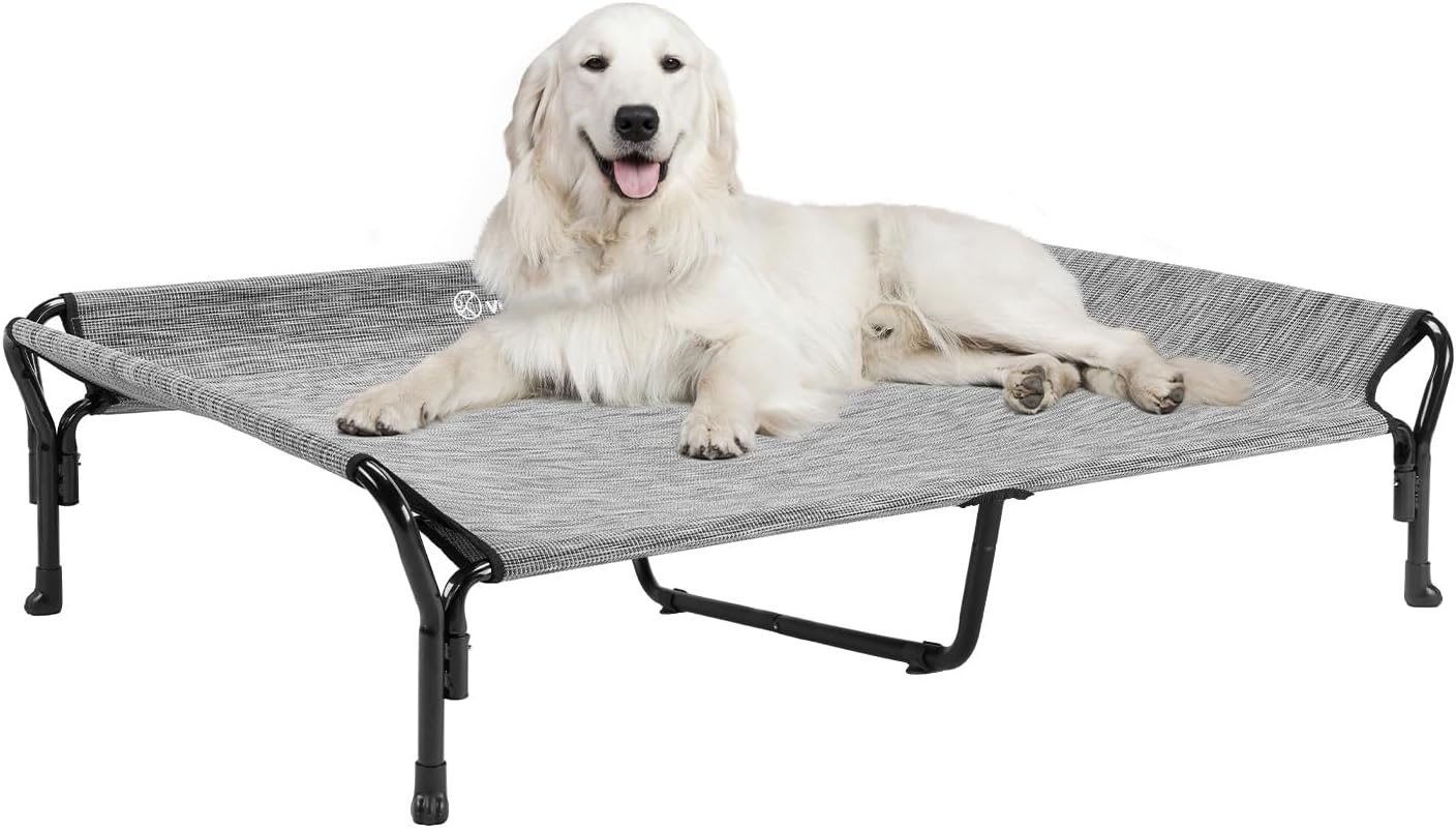 Veehoo Cooling Elevated Dog Bed, XL Raised Pet Cot with Guardrail & Slope Headrest, Durable Breathable Teslin Mesh, Non-Slip Feet, Washable Dog Couch Bed for Indoor & Outdoor, X Large, Black Silver