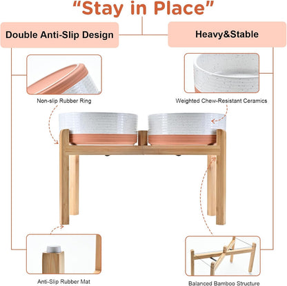 SPUNKYJUNKY Elevated Dog Bowls Ceramic, 8.3'' Dogs Food Water Bowls Raised with Non-Slip Bamboo Stand for Large Sized Breed Microwave Dishwasher Safe - 60 OZ,Pattern White