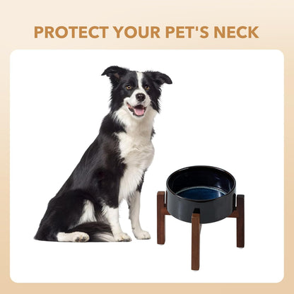 Ceramic 7.3inch Raised Dog Bowl Set, Elevated with Acacia Wood Stand, Food and Water Bowl for Medium Breed Dogs, Weighted Pet Dishes(41oz, Starry Sky)