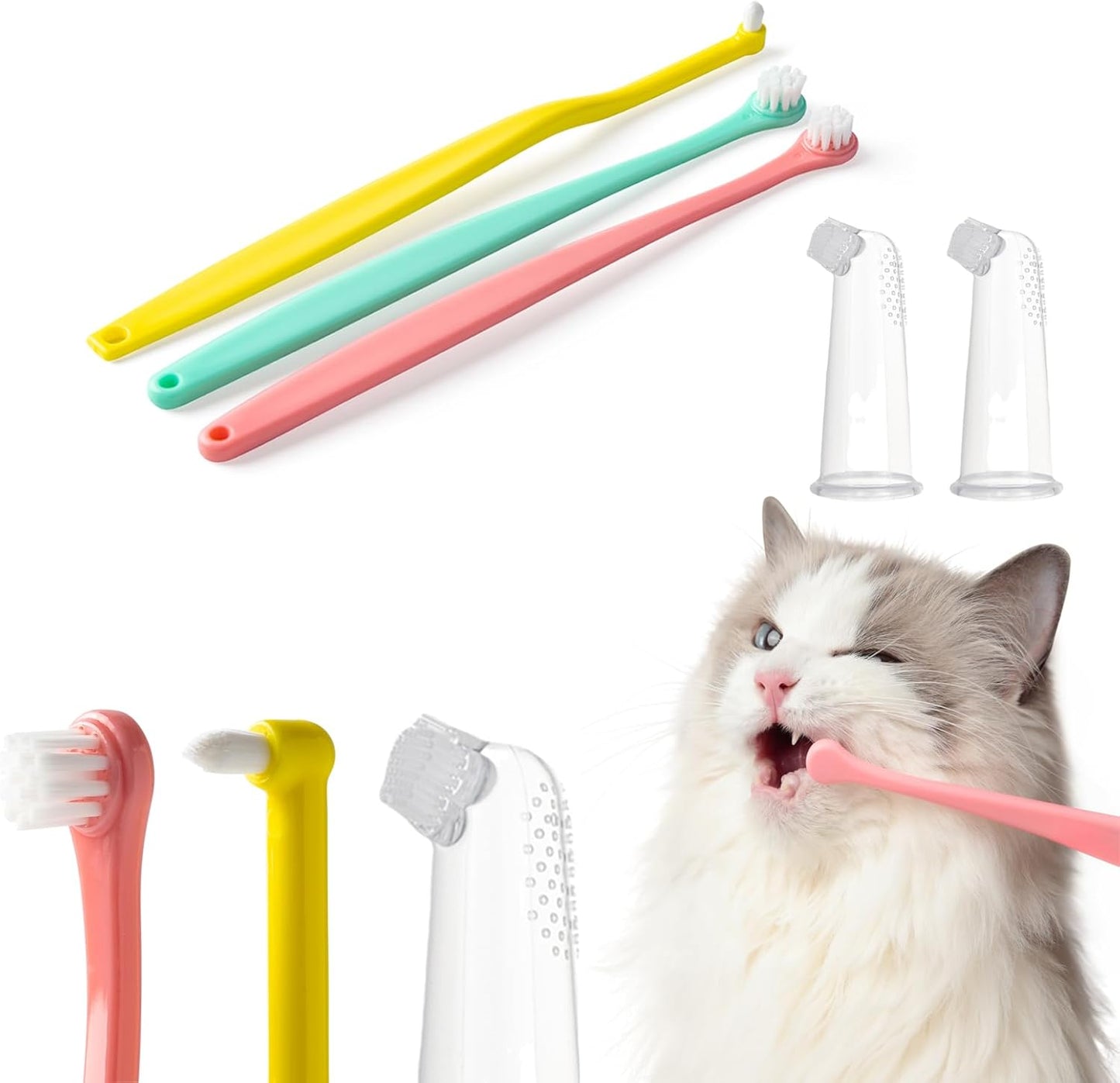 E.M&S.T by Emmeliestella Small Dog & Cat Toothbrush Kit，Micro Head, Kitten Toothbrush, Finger Brush, Starter Kit, Round & Pointed Design, Pet Dental Care, Soft Bristles, Multi-Angle, Deep Clean, 5PCS