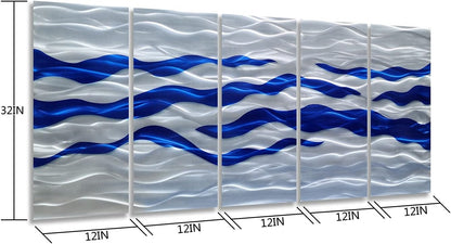 SYGALLERIER Abstract Coastal Metal Wall Art Handcrafted Big 3D Blue and Silver Artwork Modern Sea Waves Pictures Contemporary Sculpture for Living Room Bedroom Bathroom Decor