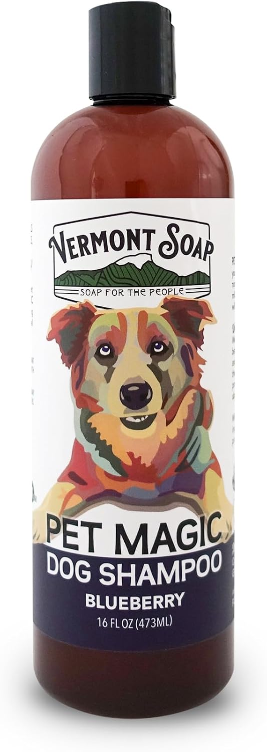 VERMONT SOAP Organics Pet Shampoo - Infused with Organic & Natural Olive Oil, Coconut & Aloe Vera Dog Shampoo for Sensitive Skin - USDA Certified Grooming Pet Shampoo - Blueberry (16oz)