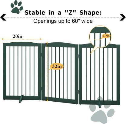 Freestanding Pet Gate for Dogs, Foldable Wooden Dog Gate for House Indoor, Step Over Pet Puppy Safety Fence for Stair, Doorway,Hall, Support Feet Included,3 Panels 32",Green