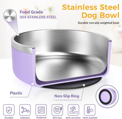 IKITCHEN Dog Bowl for Food and Water, 64 Oz Stainless Steel Pet Feeding Bowl, Durable Non-Skid Insulated Heavy Duty with Rubber Bottom for Medium Large Dogs (64 Ounces/8 Cup, Light Purple)