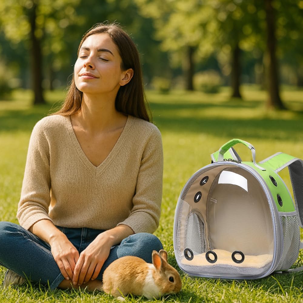 Bunny Carrier, Guinea Pig Carrier,Small Animal Carrier Backpack for Rabbit,Bearded Dragon, Lizard,Hamster,Kitten. Breathable Pet Travel Cage Bag (Grass Green)