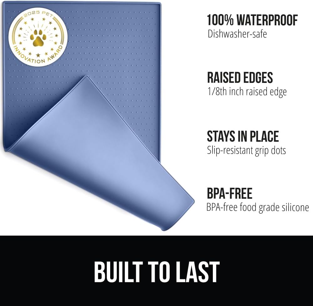 GORILLA GRIP 100% Waterproof Raised Edge BPA Free Silicone Pet Feeding Mat, Dog Cat Food Mats Contain Spills Protects Floors, Placemats for Cats and Dogs Water Bowl, Pets Accessories 32x24 Blue